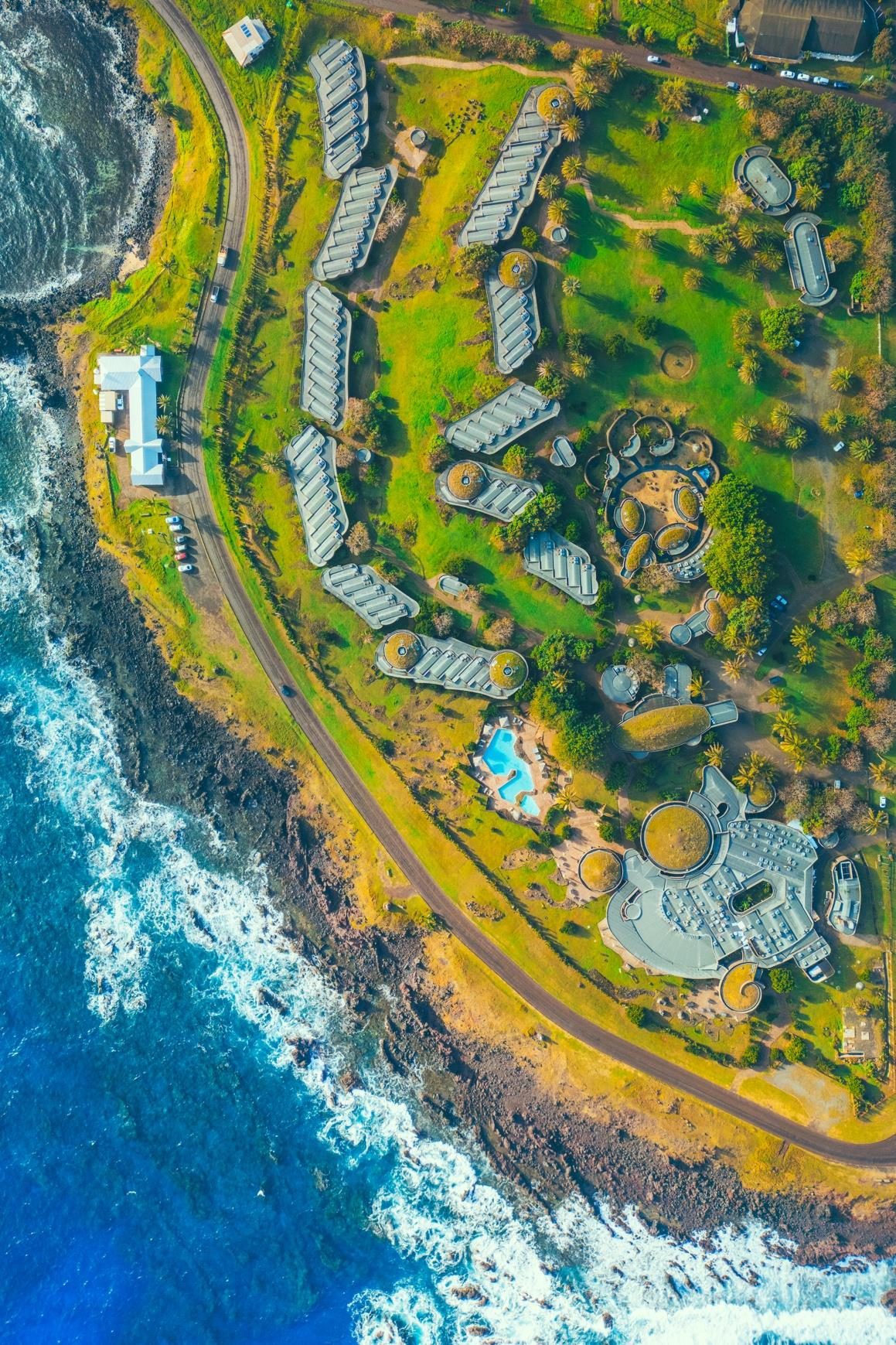 Aerial view of the hotel on the cliffs of Rapa Nui, beside the Pacific