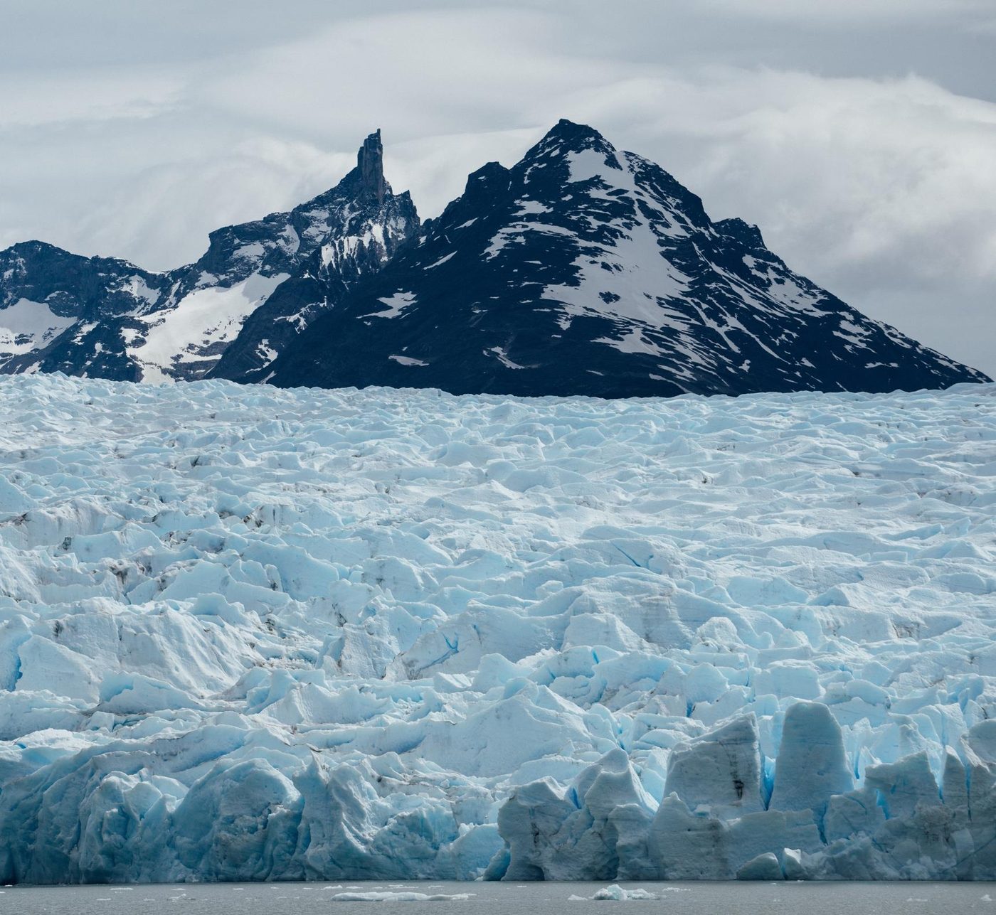 The face of the Grey Glacier with blue ice and snow-capped mountains behind